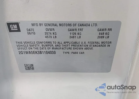 2011 Chevrolet Impala Ls из США, поврежденный, VIN 2G1WA5EK3B1104030